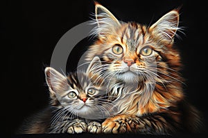 Maine Coon cat animal and kitten of wool portrait hyper realistic drawing, sketch photo