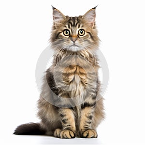 maine coon cat sitting in front of white background