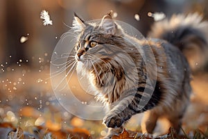 A Maine Coon in dynamic pursuit, with autumn leaves swirling in the crisp air around it.