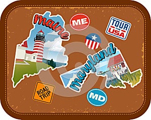 Maine, Maryland travel stickers with scenic attractions