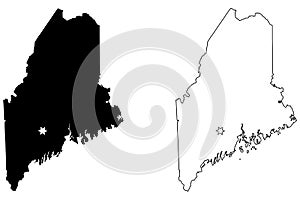 Maine ME state Map USA with Capital City Star at Augusta. Black silhouette and outline isolated on a white background. EPS Vector
