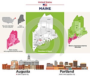 Maine\'s counties map and congressional districts since 2023 map. Augusta and Portland skyline