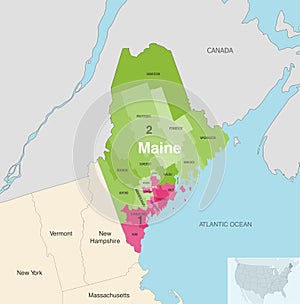 Maine state counties colored by congressional districts vector map with neighbouring states and terrotories photo