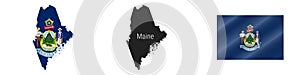 Maine US state detailed flag map. Detailed silhouette. Waving flag. Vector illustration