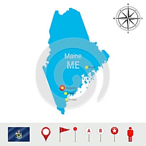 Maine Vector Map Isolated on White Background. High Detailed Silhouette of Maine State. Official Flag of Maine