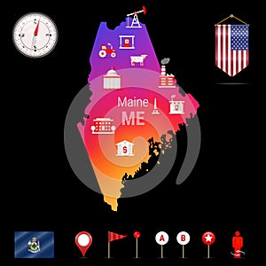 Maine Vector Map, Night View. Compass Icon, Map Navigation Elements. Pennant Flag of the USA. Industries Icons
