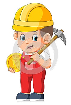 The mainer is holding the pick axe and holding the golden bitcoin