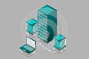 Mainframe, powered server, high technology concept, data center, cloud data storage isometric