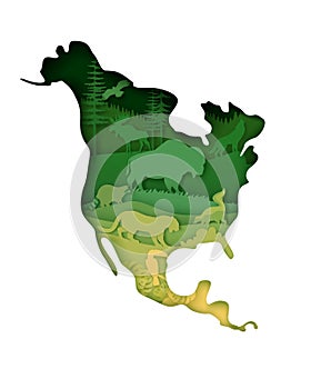 Mainland North America map with wildlife, vector illustration in paper art style.