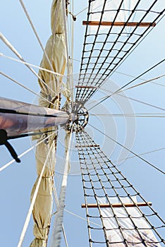 Mainmast and rope ladders to hold the sails of a sailboat