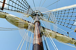 Mainmast and rope ladders to hold the sails of a sailboat