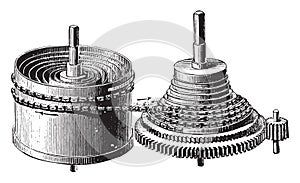 Mainspring barrel and stopwatch rocket, vintage engraving