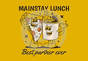 Mainstay lunch, best partner ever. Mascot character of a coffee mug and a slice pizza