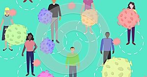 Maintaining social distance, diverse group surrounded by virus illustrations photo