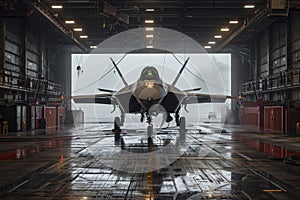 Maintenance crew cleaning an F-22 Raptor in a well-lit aircraft hangar