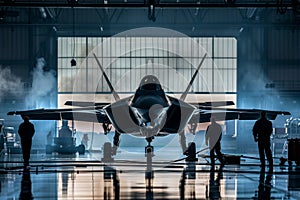 Maintenance crew working diligently on an F-22 Raptor in a hanger