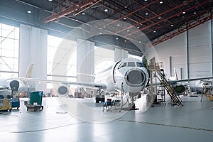 maintenance hangar, with team of technicians performing routine checkups on aircraft