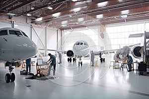 maintenance hangar, with team of technicians performing routine checkups on aircraft