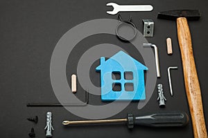 Maintenance in house, home repair. Toolset renovation background. Copy space for text