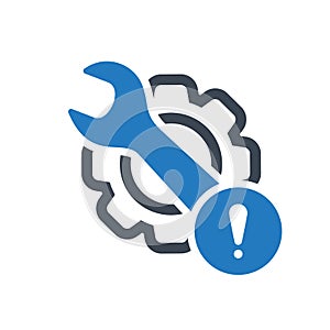 Maintenance icon with exclamation mark. Maintenance icon and alert, error, alarm, danger symbol