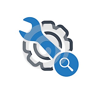 Maintenance icon with research sign. Maintenance icon and explore, find, inspect symbol