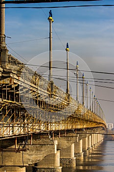 Maintenance of Paton bridge across the Dnepr river. Kiev Ukraine