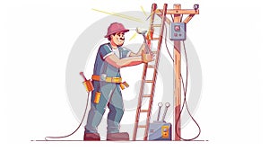 Maintenance work by an electrician on a white background with tools, ladder, wires. Service technician, electrician job