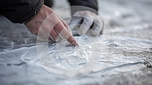 Maintenance worker examines texture of ice for flaws.AI Generated photo