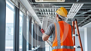 Maintenance worker replacing air filters in office