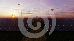 Maintenance Worker on Solar Panels Farm with Wind Turbines and Hot Air Balloons rising at sunrise, 4K