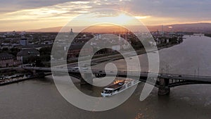 Mainz aerial drone shot with a boat in best light at sunset