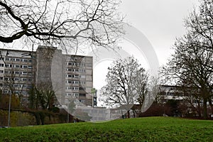 Mainz, Germany - 01 09 2022: One of the buildings of Uniklinik Mainz,with Fort Josef remains in front