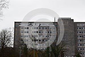 Mainz, Germany - 01 09 2022: One of the buildings of Uniklinik Mainz, seen from the main street passing