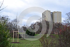 Mainz, Germany - 01 09 2023: big grey residential block on a hill