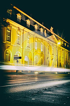 Mainz old building light trails on the street background autobahn germany