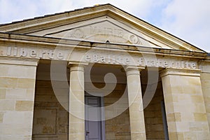 Mairie liberte egalite fraternite french text means city Town hall freedom equality fraternity on facade in town center on stone