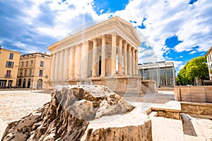 Maison Carree roman historic temple in Nimes street view