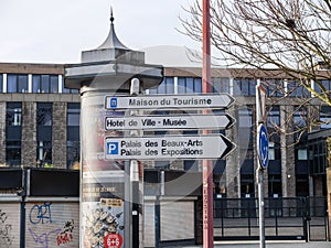 Maison du Tourisme, Hotel de Ville MusÃ©e, Palais des Beaux-Arts et Expositions road sign in Charleroi, Wallonia