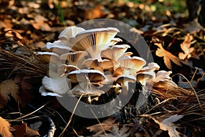 Maitake Closeup Of Forest Mushrooms In The Grass, Autumn Season Small Mushrooms. Generative AI