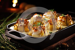 maitake mushrooms filled with camembert in a dark roasting dish