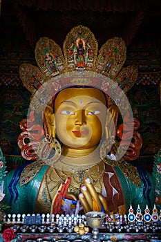 Maitreya buddha statue in Hemis gompa in Ladakh, India.