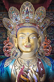 Maitreya Buddha statue at the Thiksey Gompa, a Tibetan Buddhist Monastery.