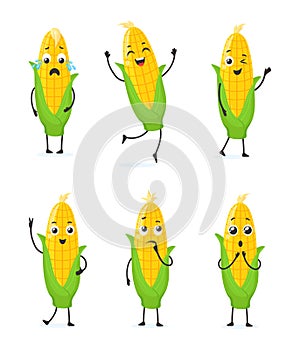 Maize emoji. Cartoon cute corn character, funny corncob emoticons collection sad smile cheerful love surprised sweetcorn