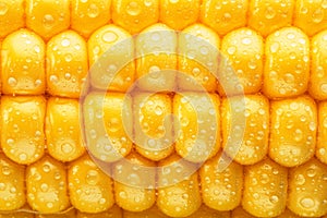 Maize seeds in corn cob covered with small water drops. Macro shot