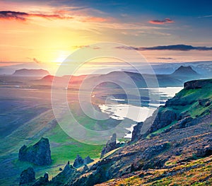 Majastic evening view from the Dyrholaey peninsula, Atlantic ocean. Summer sunset in South Iceland, Vic village location, Europe.