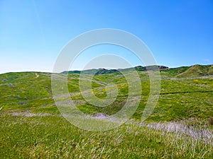 a majestic aerial shot of the lush green hillsides and mountains with a long winding road photo