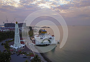Majestic aerial view of Malacca Straits Mosque during sunset.