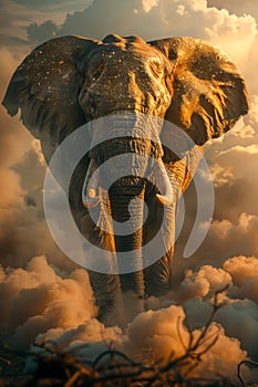 Majestic African Elephant Emerging from Misty Clouds at Sunset with Dramatic Sky