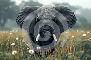 Majestic African Elephant Stands Amidst Daisies in Misty Field Wildlife Conservation, Nature\'s Serenity