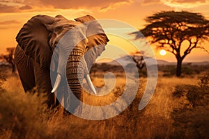 Majestic African Elephant at Sunset, AI Generated
